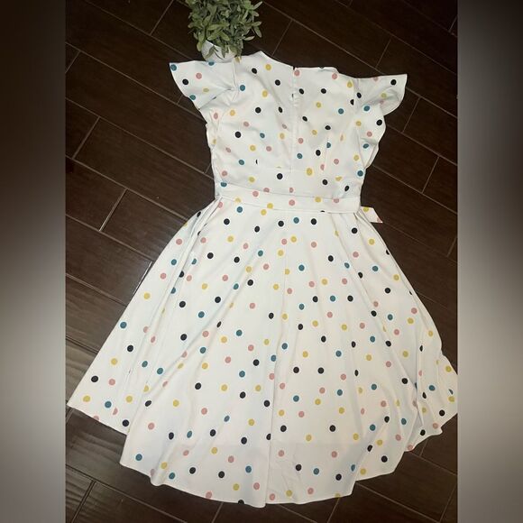 Lane Bryant Off white colorful polka dots high low belted dress sz 20 - Picture 9 of 14
